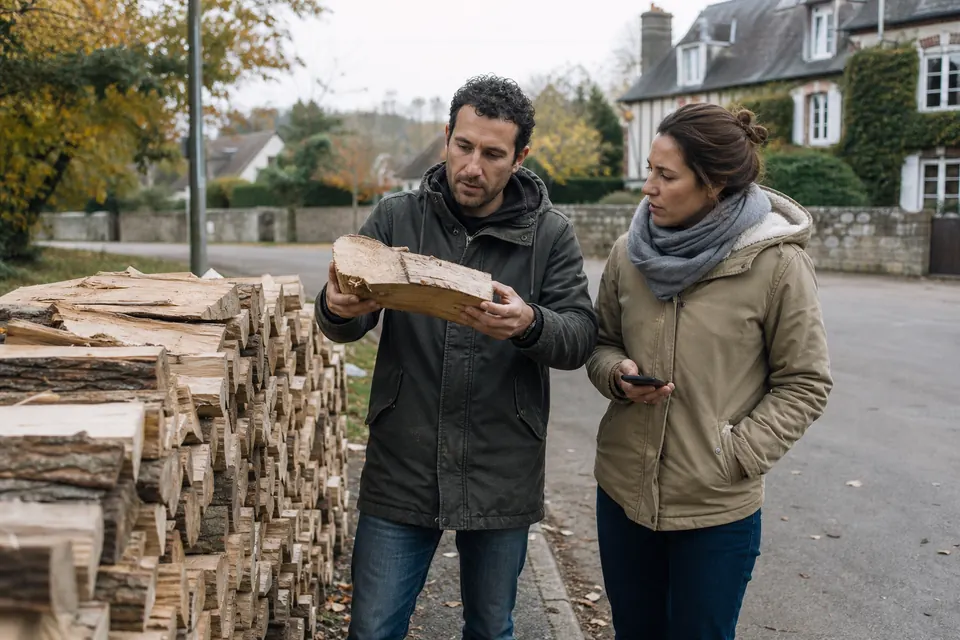 Couple examinant des bûches livrées devant leur maison dans une rue de ville normande