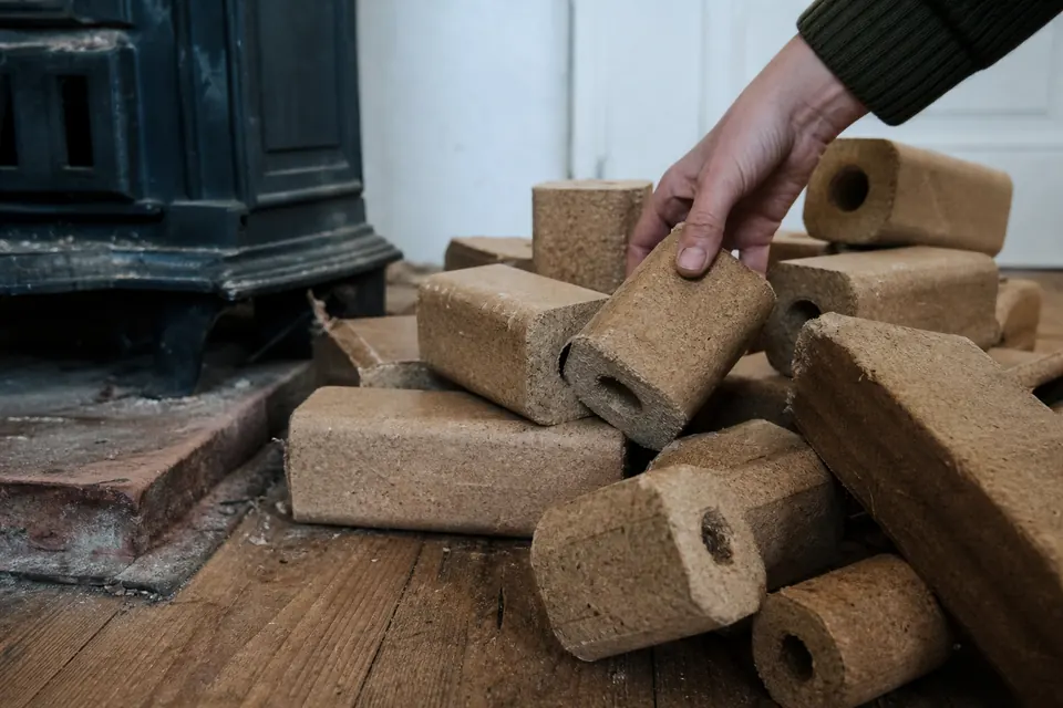 Briquettes rectangulaires et bûches octogonales percées en bois compressé posées près d'un poêle