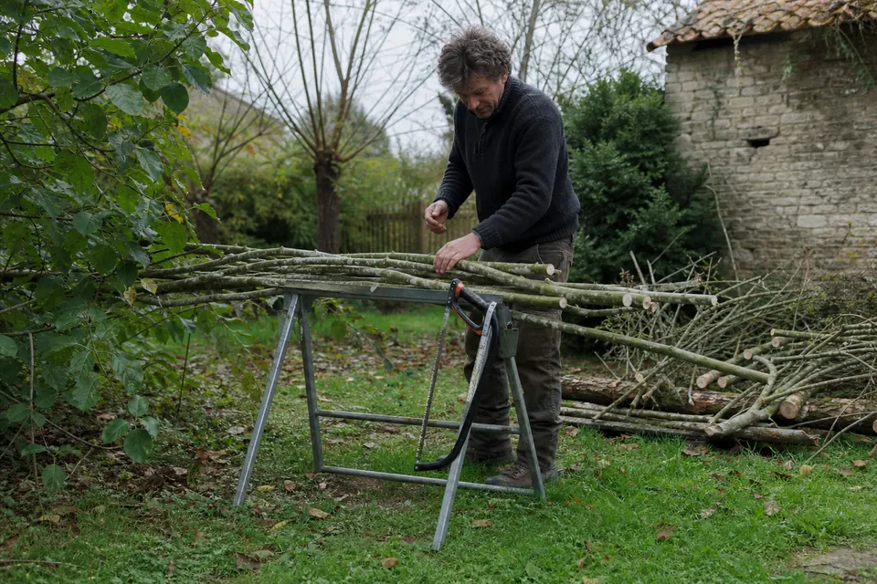 Chevalet de sciage métallique chargé de longues branches dans un jardin