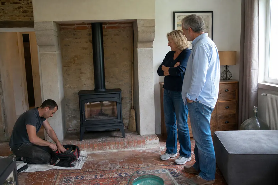 Couple regardant un poêle en fonte fraîchement installé tandis que l'installateur range ses outils