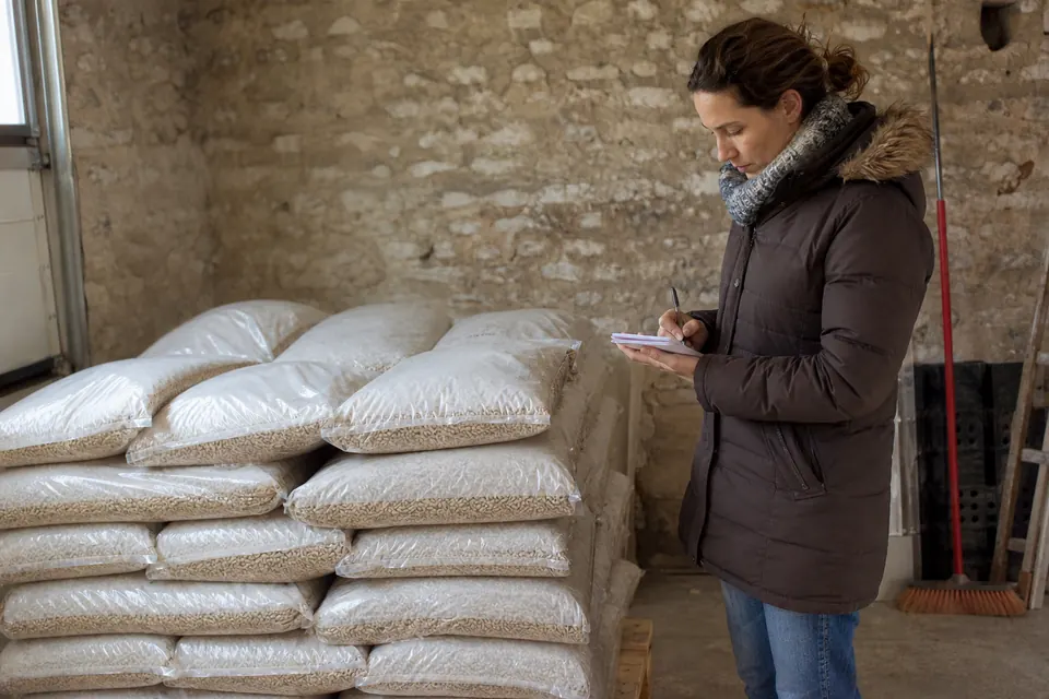 Femme comptant des sacs de granulés empilés sur une palette dans un garage