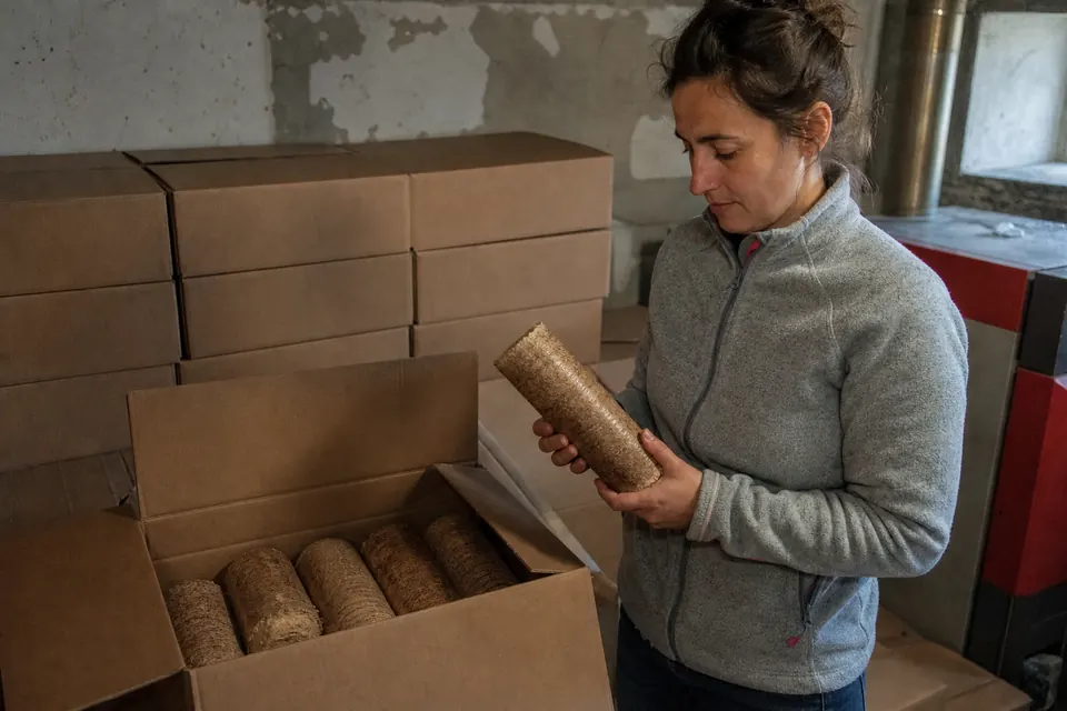 Cartons de bûches densifiées dans un cellier, une femme examine une bûche
