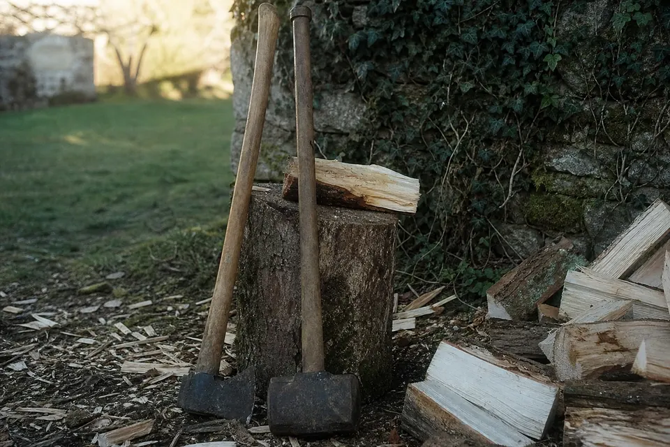 Hache à fendre et merlin appuyés contre un billot avec une bûche fendue