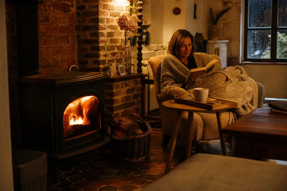 Salon d'une maison normande avec un poêle à bois allumé et une femme qui lit sous un plaid
