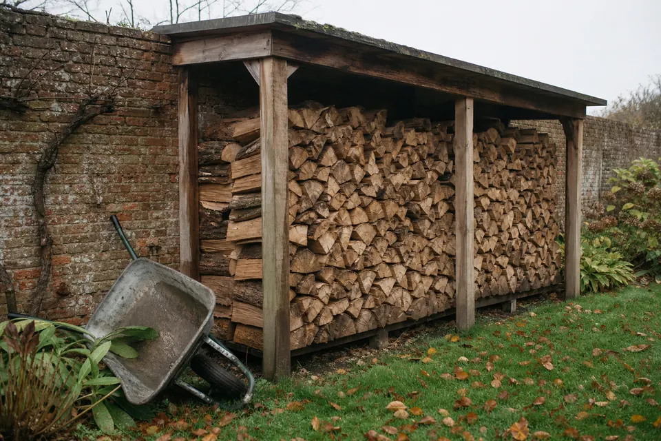 Bois de chauffage fendu et rangé sous un abri en bois contre un vieux mur de briques