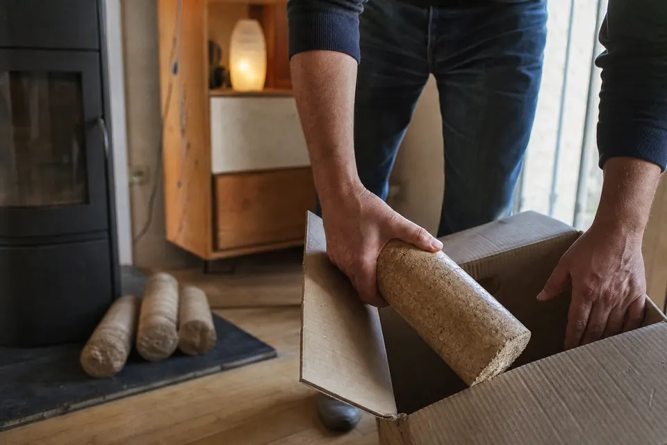 Mains sortant une bûche de bois densifié d'un carton à côté d'un poêle