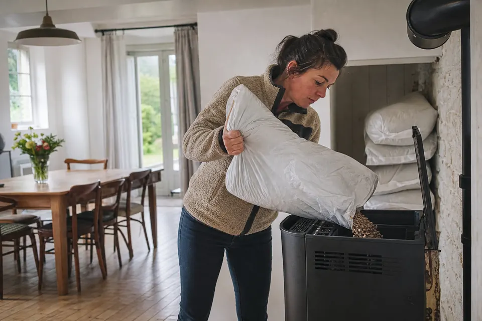 Femme versant des granulés de bois dans le réservoir d'un poêle à granulés