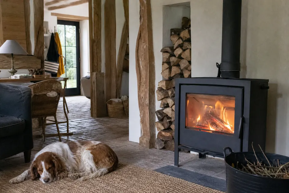 Poêle à bois moderne allumé dans une ferme normande rénovée avec poutres apparentes
