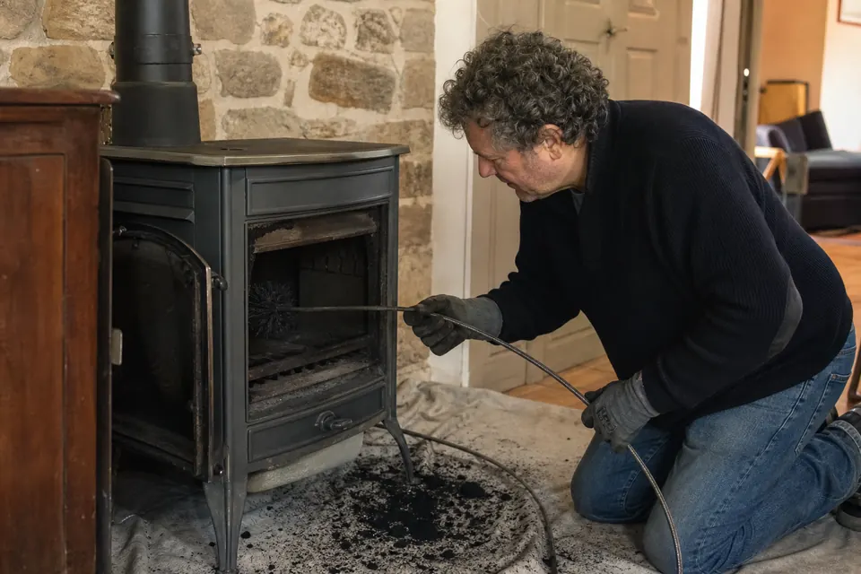 Homme nettoyant le conduit d'un poêle par l'intérieur avec un hérisson sur cannes flexibles