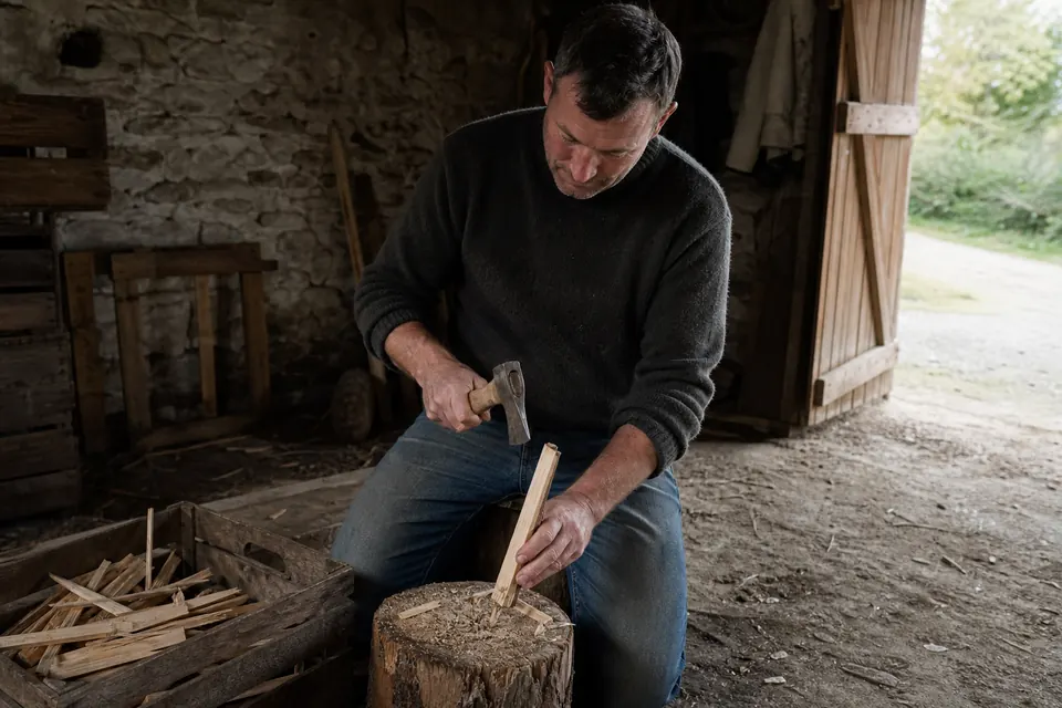 Homme fendant du petit bois d'allumage avec une hachette dans une remise