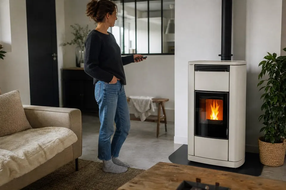 Femme réglant un poêle à granulés blanc avec une télécommande dans un salon contemporain