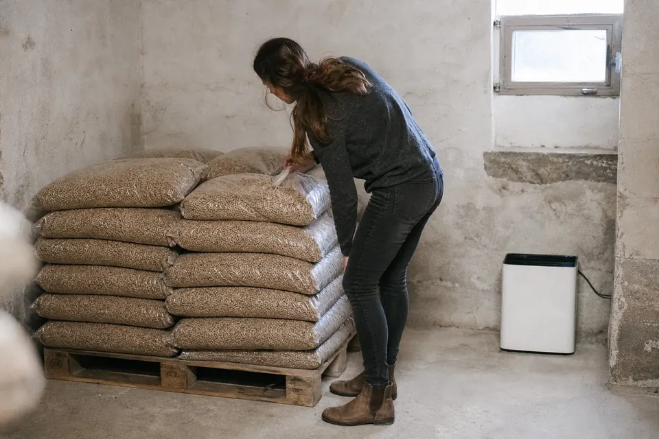 Sacs de granulés rangés sur une palette dans une cave propre avec un déshumidificateur