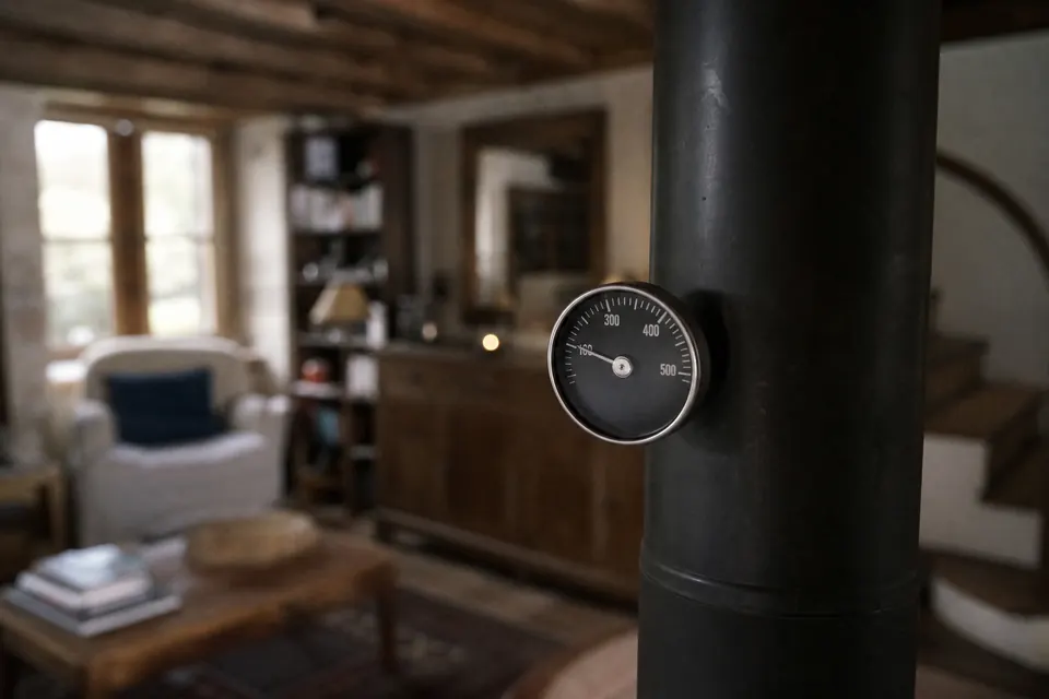 Thermomètre magnétique rond fixé sur le tuyau de fumée d'un poêle à bois