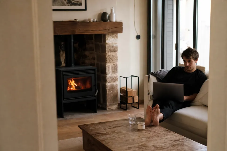 Salon d'appartement moderne avec un petit poêle et un range-bûches