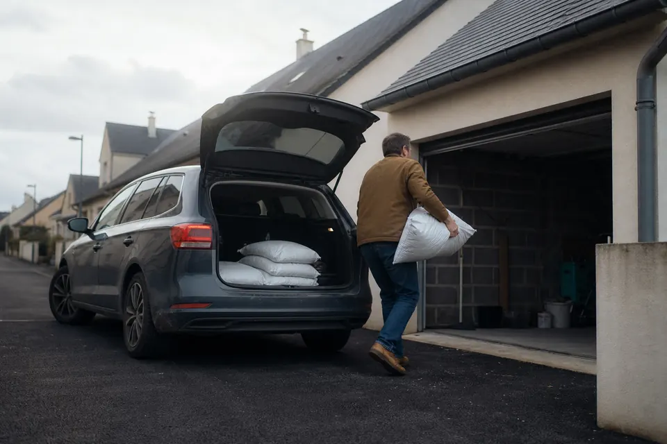 Homme rentrant des sacs de granulés de sa voiture vers son garage dans un lotissement