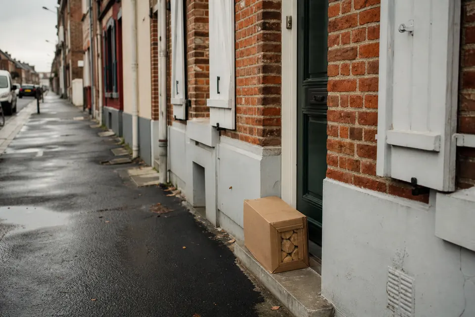 Rue de maisons en briques, un carton de bûches densifiées livré sur le pas d'une porte