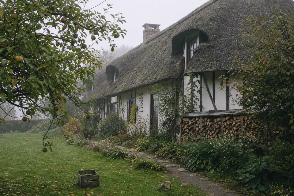 Chaumière normande avec un tas de bûches rangé sous l'avant-toit, des pommiers et de la brume