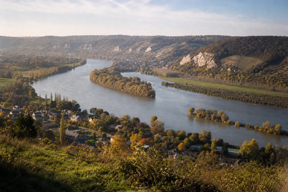 Boucle de la Seine vue d'un coteau, avec un village au bord de l'eau et des pentes boisées