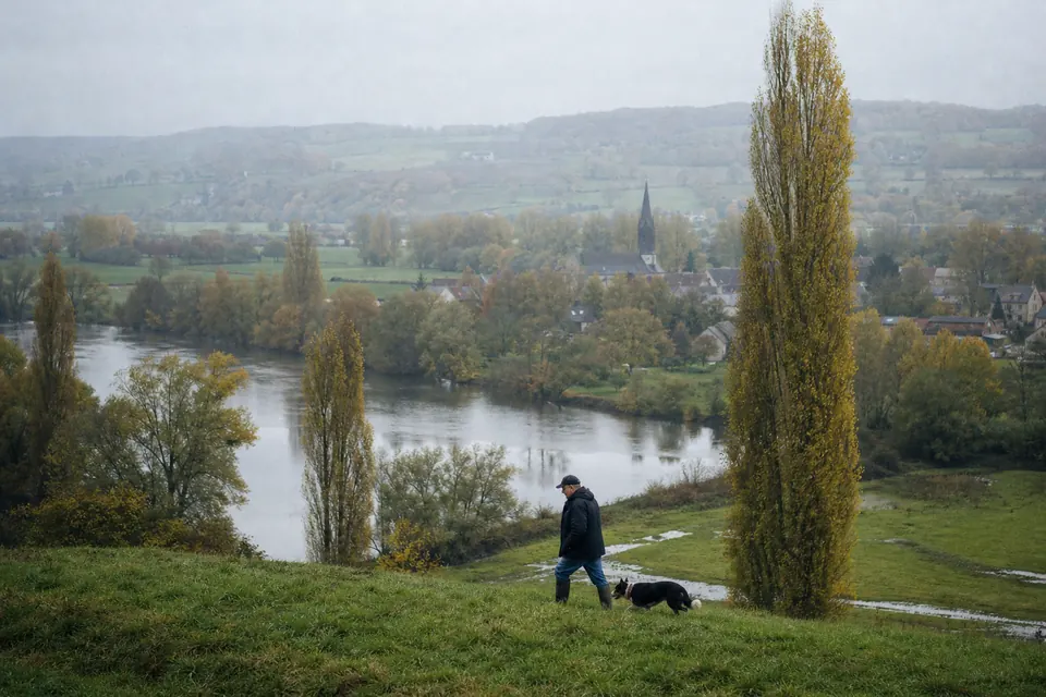 Vallée bordée de peupliers, avec une rivière et un clocher de village dans la brume d'automne